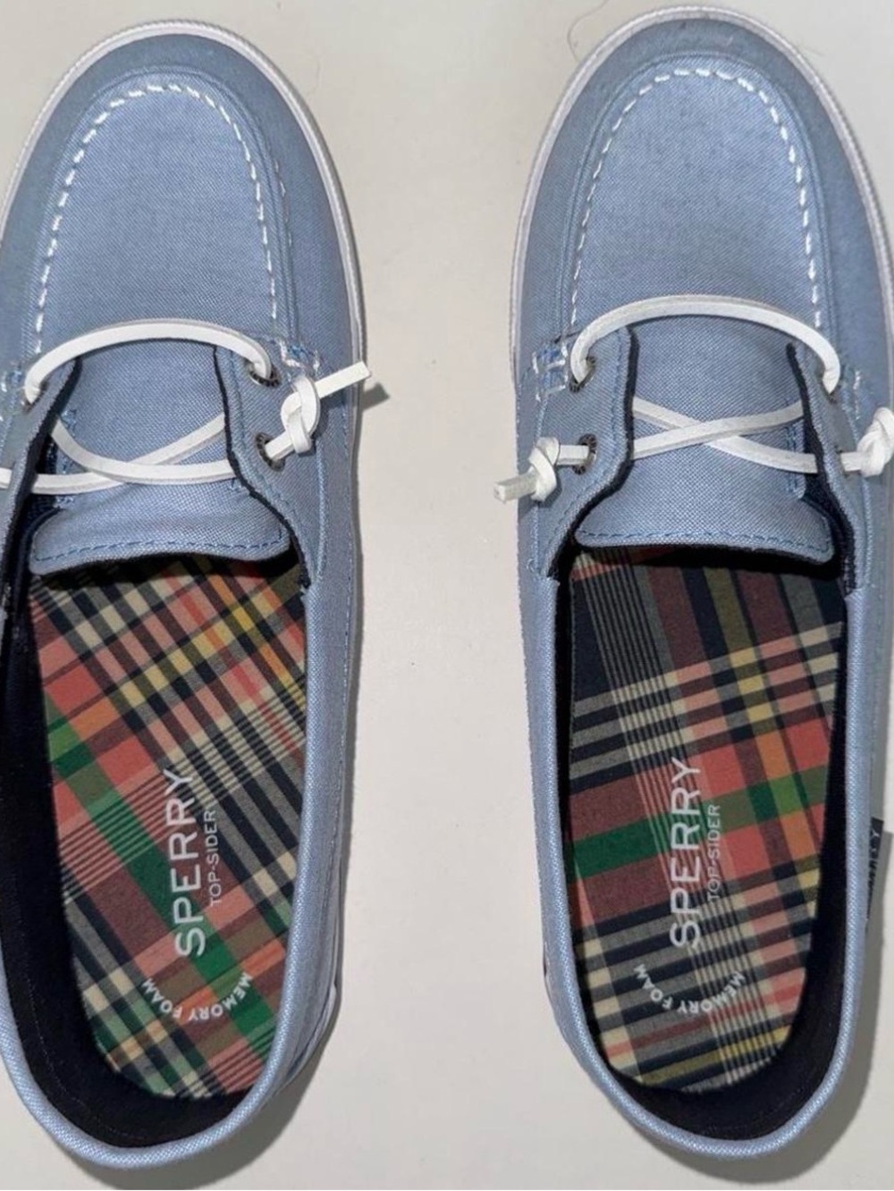 Sperry Light Blue Canvas Boat Shoes with White Laces